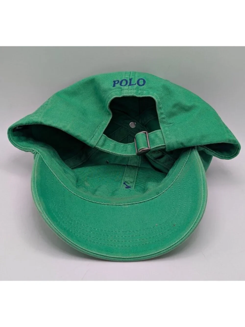 Vintage Polo Ralph Lauren Green Blue Pony Logo Leather Strap Back Hat Cap Y2K